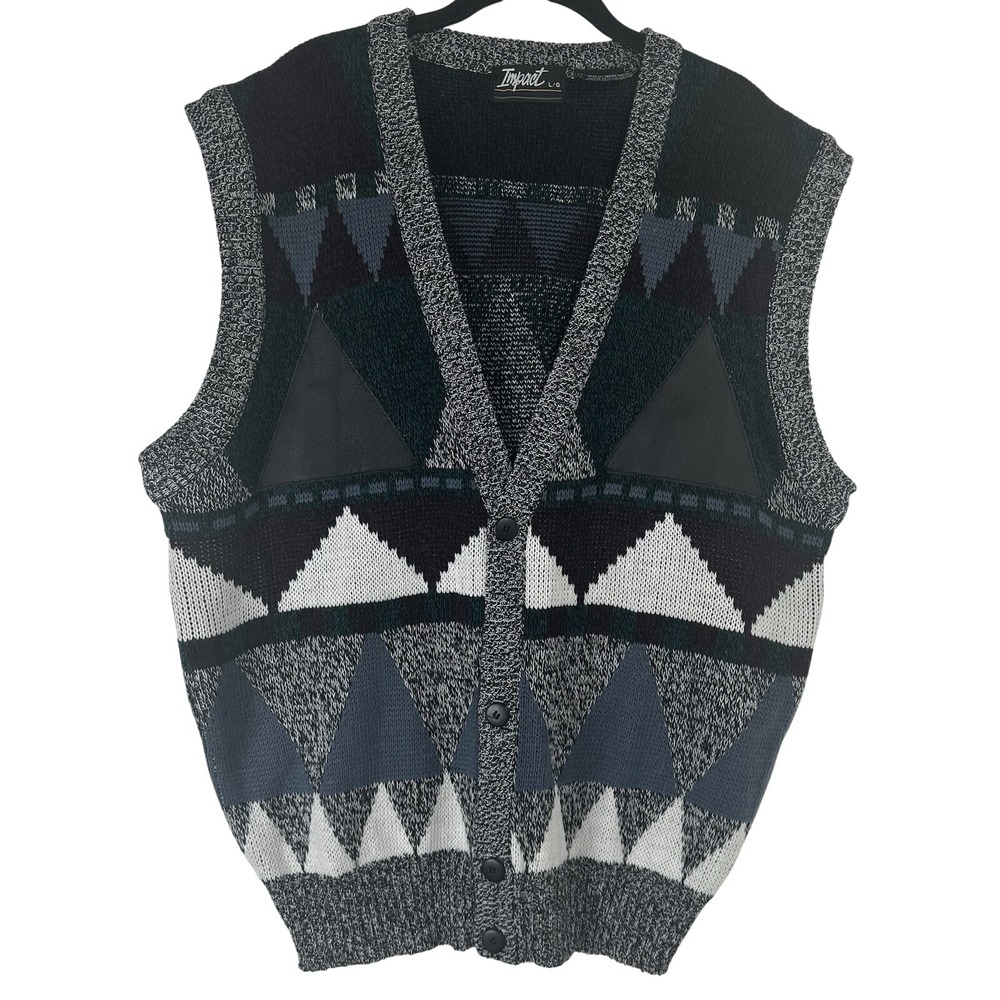 Vintage Impact Mens L Geometric Knit Sweater Vest Grey Teal 90s Preppy Grandpa